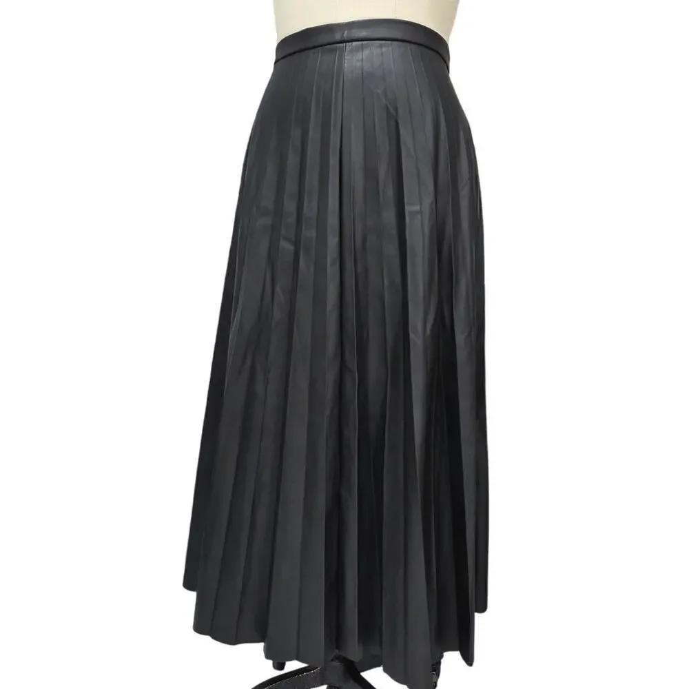 J.Crew Pleated Black Vegan Leather Midi Skirt 14 Long Classic Quiet Luxury